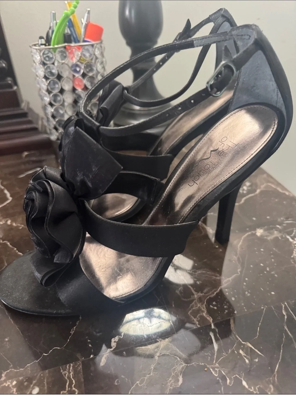 Touch of Nina Black Satin Floral Rosette Strappy Heels